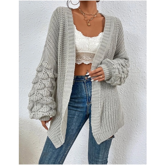 #18 Cozy Grey Open Front Pom Pom Sleeve Cardigan - Picture 2 of 5